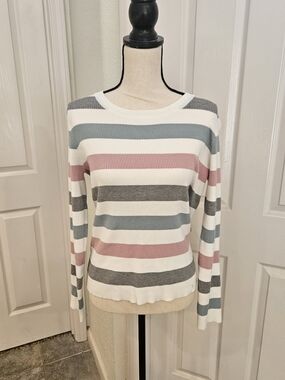 Pink Lily Striped Knit Long Sleeve Sweater in White, Dusty Pink, Gray, Blue